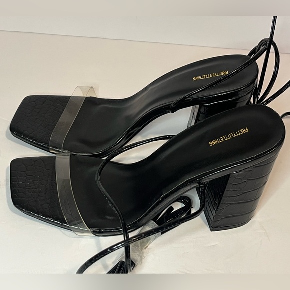 Pretty Little Thing Black Wide Fit Block Heel Ankle Tie Strappy Sandals NWOT - Picture 5 of 16